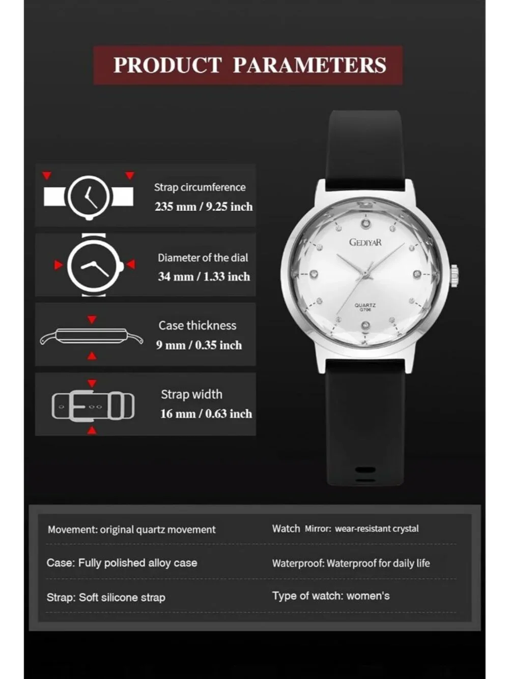 Women's Black Silver Analog Silicone Band Crystal Dial Waterproof Wrist Watch